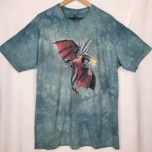 The Mountain Climbing Dragon Graphic T-Shirt 2XL Blue Tie Dye Fire Fantasy Y2K